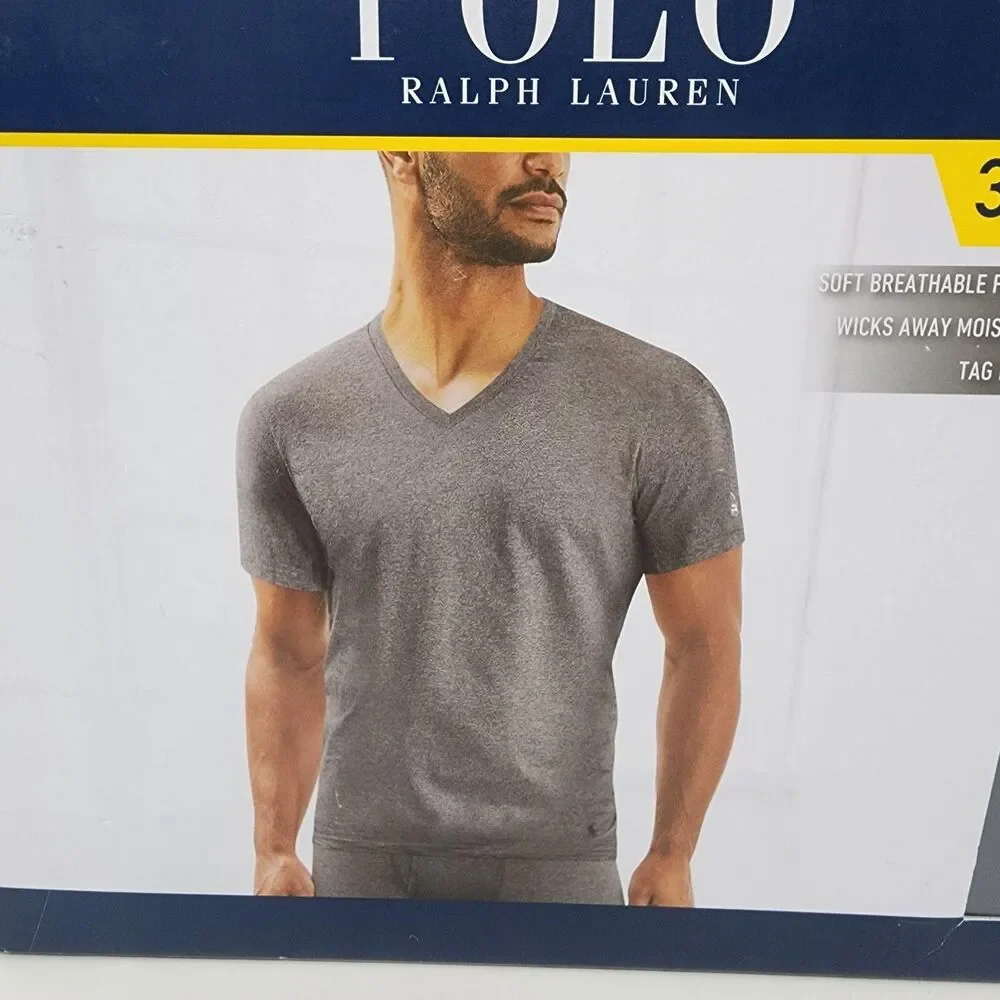 Polo Ralph Lauren Shirt Mens Small Gray Classic Fit Cotton V-Neck 3 Pack Tees